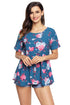 Blue Lace-up Back Floral Ruffle Top